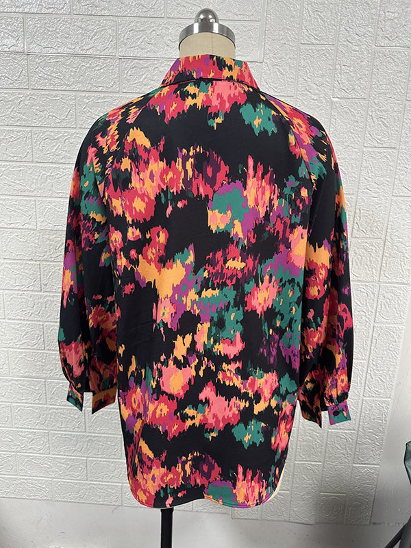 flowersverse Printed Long Sleeves Loose V-Neck Blouses&Shirts Tops