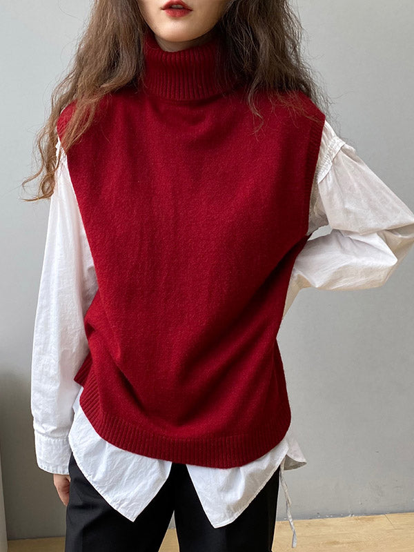 flowersverse Simple Loose Solid Color High-Neck Knitting Vest Top