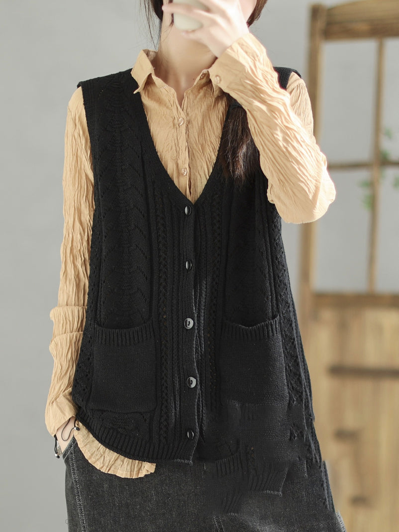 flowersverse Casual Loose Sleeveless Buttoned Hollow Solid Color V-Neck Vest Outerwear