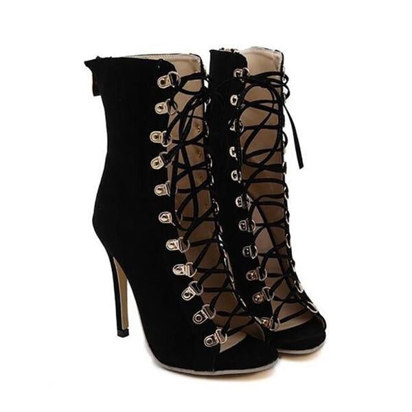 flowersverse Sexy Peep Toe Lace-Up Zippered Stiletto Heels