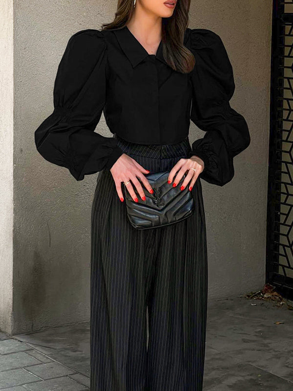 flowersverse Buttoned Elasticity Solid Color Bishop Sleeve Long Sleeves Lapel Blouses&Shirts Tops
