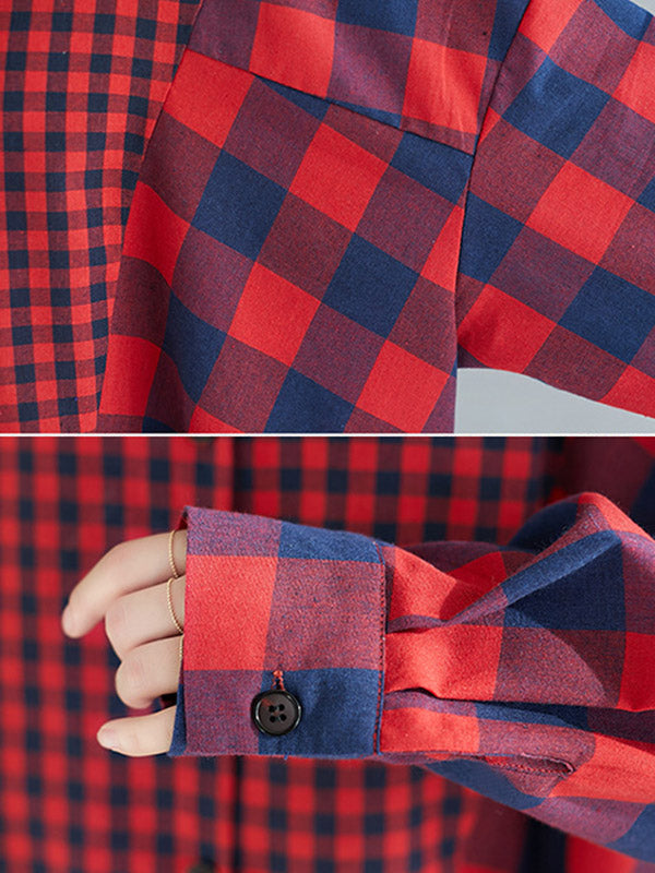 flowersverse Fashion Plaid Lapel Long Sleeve Blouse Top