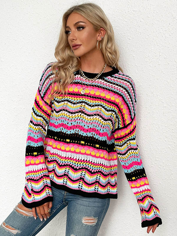 flowersverse 4 Colors Loose Contrast Color Round-Neck Sweater Top