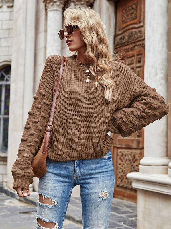 flowersverse Trendy Tops Puff Sleeves Loose Solid Color Round-Neck Sweater Tops