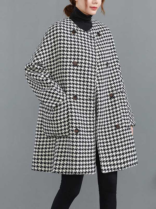 flowersverse Loose Houndstooth Buttoned Round-Neck Long Sleeves Woolen Coat