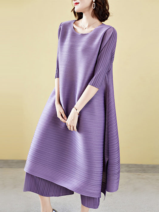 flowersverse Casual Loose Three-Quarter Sleeves Pleated Solid Color T-Shirt&Pants Two Pieces Set