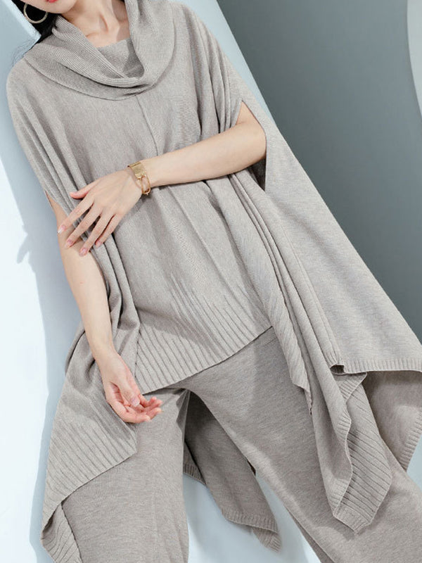 flowersverse Solid Color High-Low Long Sleeves Heaps Collar Sweater Tops Pullovers