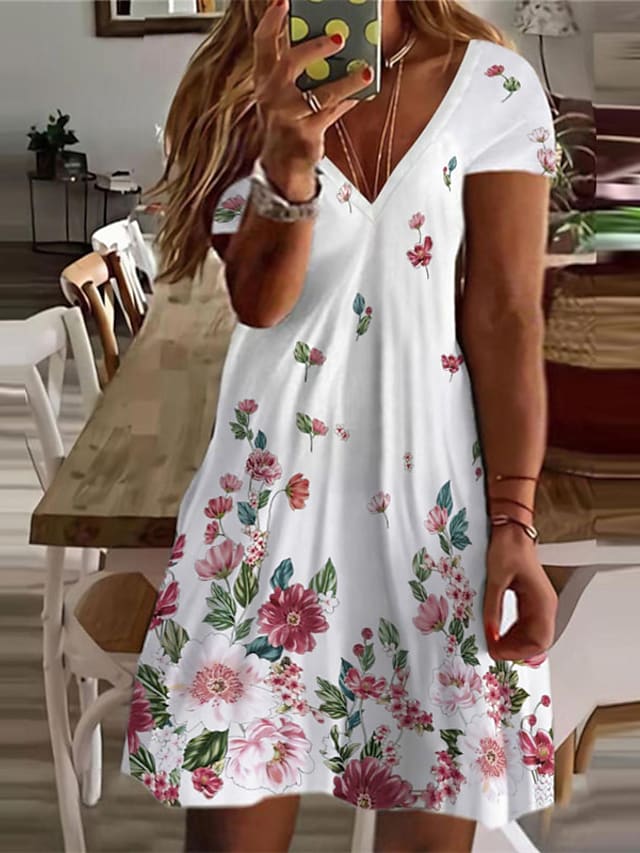 flowersverse Women's Plus Size Curve A Line Dress Floral V Neck Short Sleeve Spring Summer Casual Short Mini Dress Causal Daily Dress