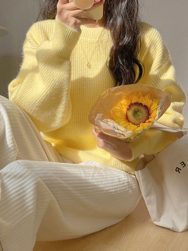 flowersverse Solid Color Long Sleeves Loose Round-Neck Sweater Tops Pullovers