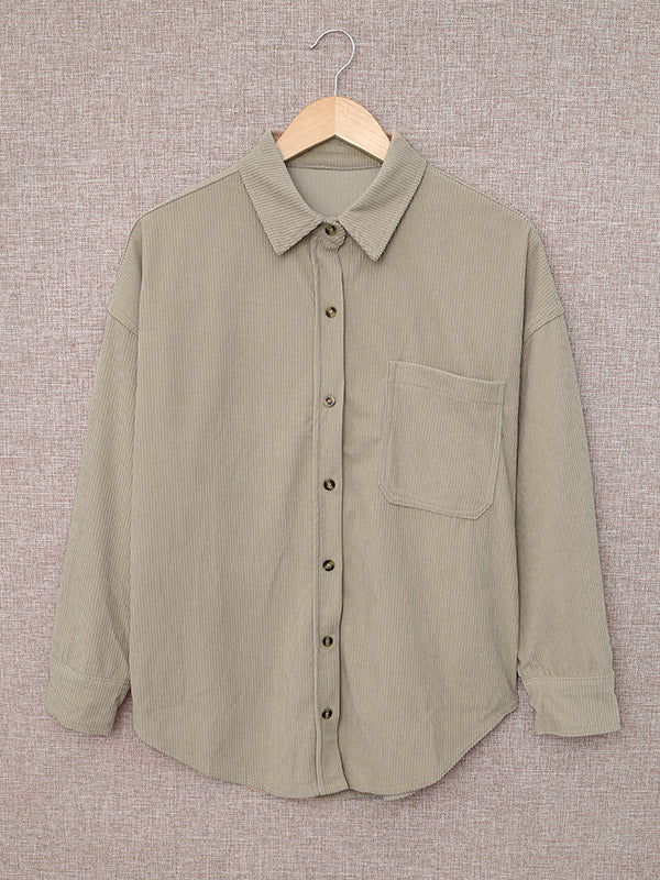 flowersverse Casual Corduroy Loose Solid Color Polo Shirt Top