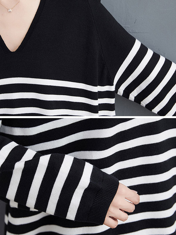 flowersverse Artistic Retro Casual Loose Striped V-Neck Long Sleeves Knitted Sweater
