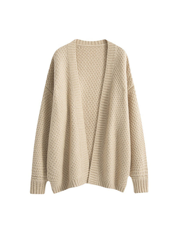 flowersverse Solid Color Long Sleeves Loose Collarless Cardigan Tops