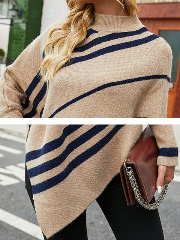 flowersverse Loose Irregularity Striped High-Neck Cape Sweater