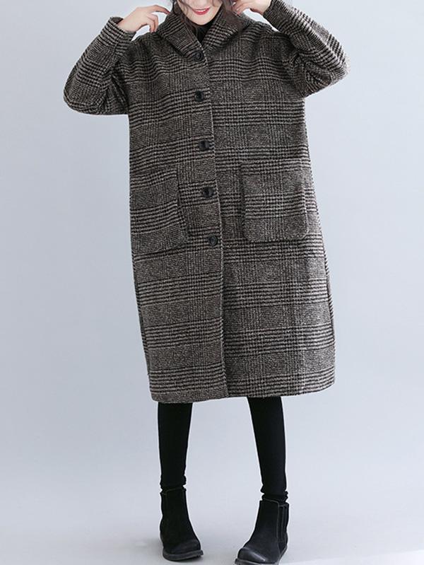 flowersverse Loose Plaid Woolen Hood Coat