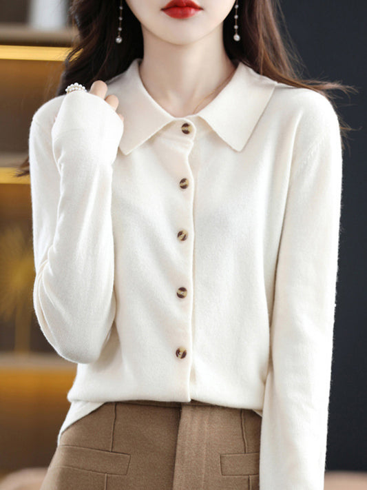 flowersverse Casual Loose Long Sleeves Buttoned Solid Color Lapel Collar Cardigan Tops