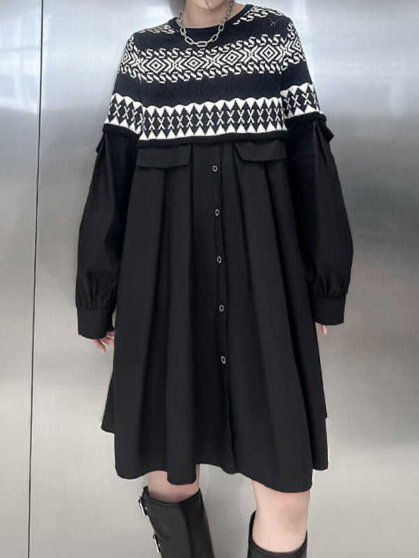 flowersverse Buttoned Contrast Color Split-Joint A-Line Long Sleeves Round-Neck Mini Dresses