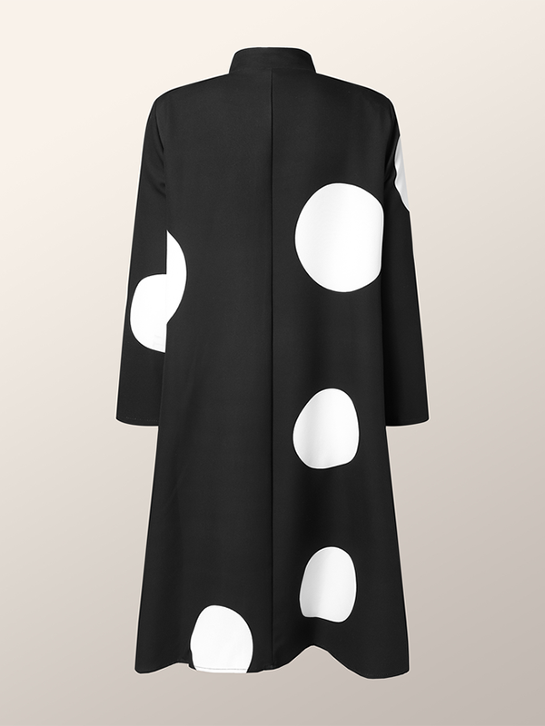 flowersverse Asymmetric Buttoned Polka-Dot Tied Long Sleeves Loose Mock Neck Midi Dresses