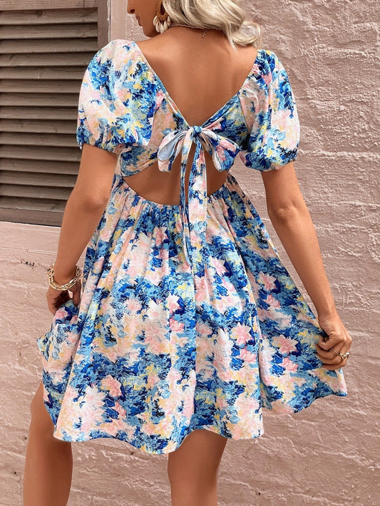 flowersverse Floral Square Neck Puff Sleeve Dress