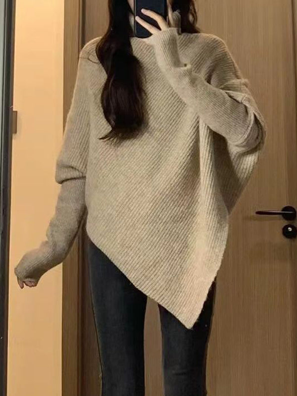 flowersverse Asymmetric Solid Color Velvet Long Sleeves Loose High Neck Sweater Tops Pullovers Knitwear