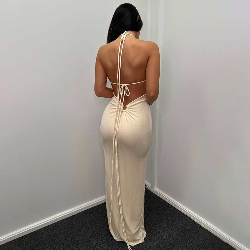 flowersverse Summer Ladies Long Dress Solid Color Sexy Low Back Straps Halter Bodycon Dress