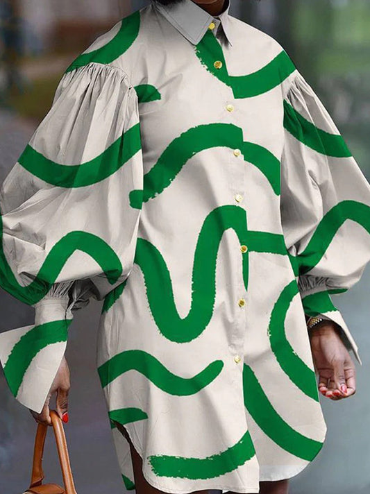 flowersverse Loose Puff Sleeves Contrast Color Printed Split-Side Lapel Mini Dress Shirt Dress