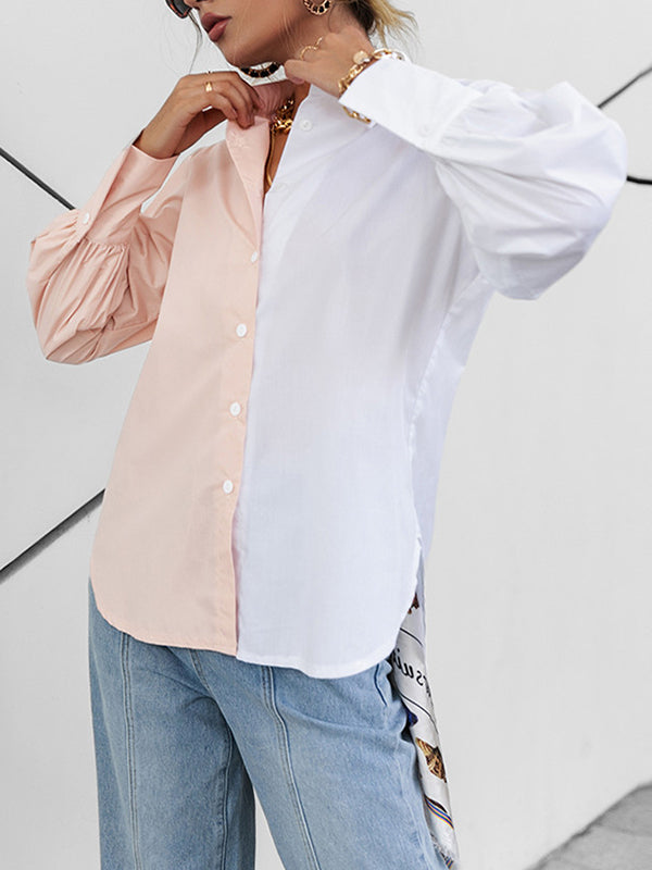 flowersverse Buttoned Contrast Color Long Sleeves Loose Lapel Blouses&Shirts Tops