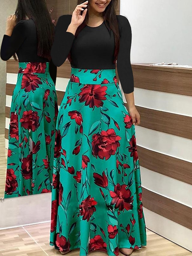 flowersverse Women's Casual Dress Sheath Dress Long Dress Maxi Dress Black And White Color bar Dots Long Sleeve Floral Print Winter Fall Spring Crew Neck Winter Dress Daily Fall Dress Slim S M L XL XXL XXXL 4XL