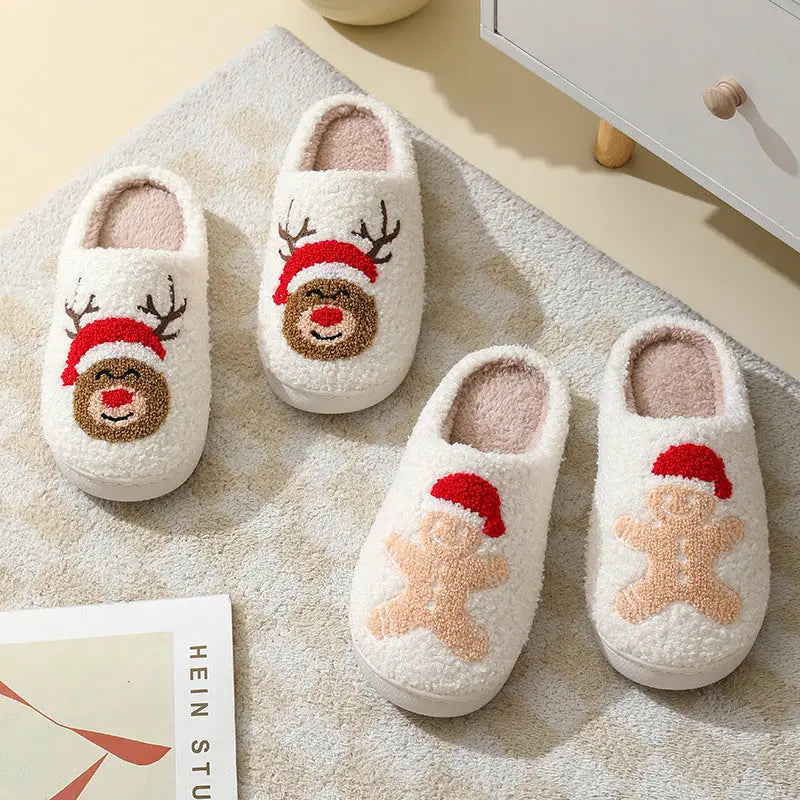 flowersverse Christmas Home Slippers Cute Cartoon Santa Claus Cotton Slippers For Women And Men Couples Winter Warm Furry Shoes