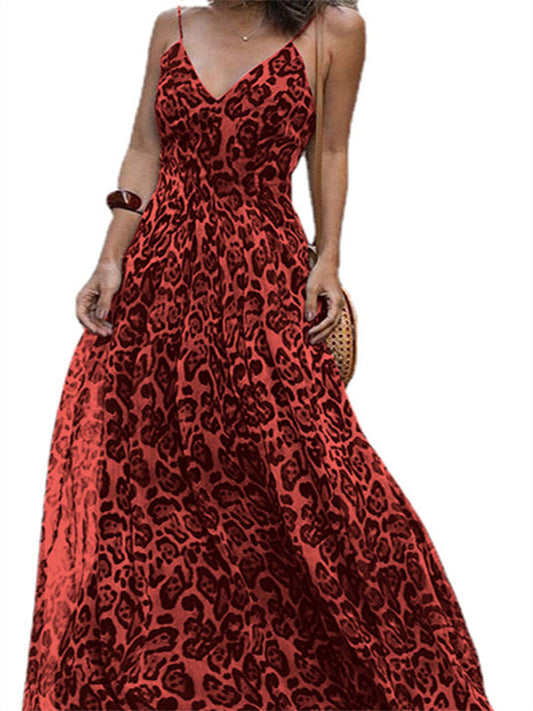 flowersverse Fashion Leopard V-Neck Sexy Sling Backless Dress