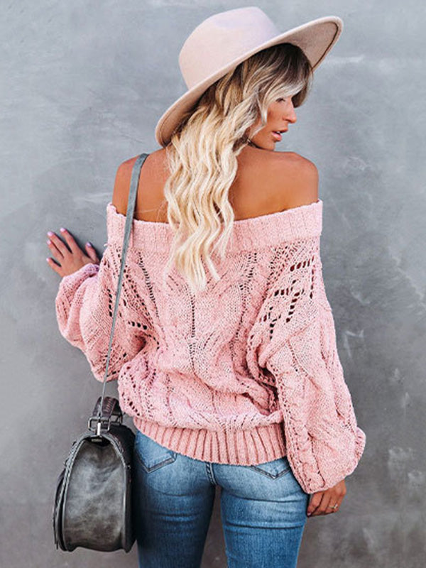 flowersverse Vintage Long Sleeves Loose Solid Color Off-The-Shoulder Sweater Tops