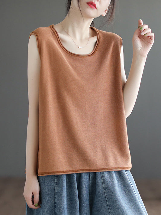 flowersverse Solid Color Loose Sleeveless Round-neck Knitting Vest Top