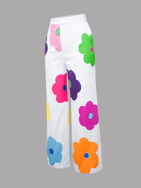 flowersverse High Waisted Wide Leg Floral Printed Multi-Colored Casual Pants Bottoms Trousers