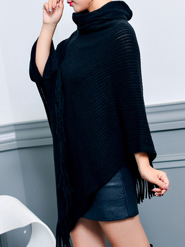 flowersverse Asymmetric Keep Warm Solid Color Tasseled Loose High Neck Shawl&Cloak Cape