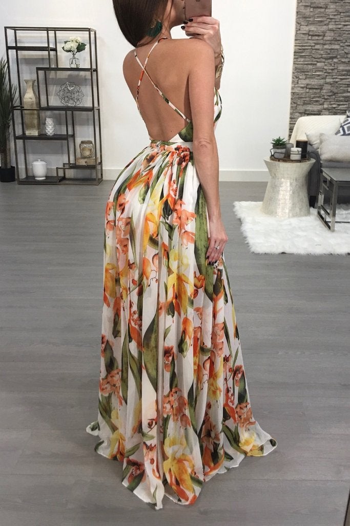 flowersverse Deep V-Neck Back Chiffon Dress