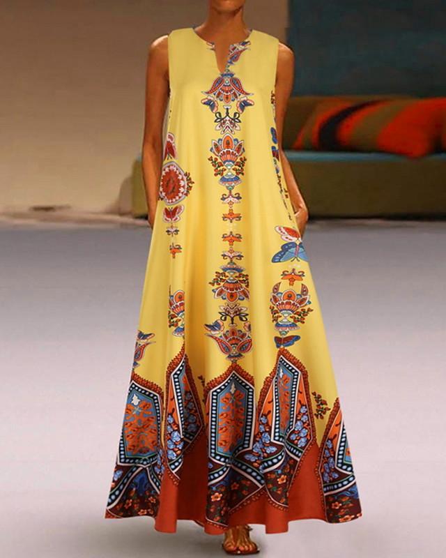 flowersverse Women's A-Line Dress Maxi Long Dress - Sleeveless Pocket Print Spring & Summer V Neck Hot Casual Boho Holiday White Black Blue Yellow Light Blue White Dresses