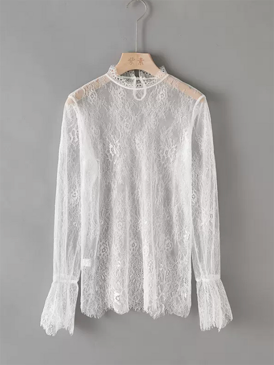 flowersverse Casual Loose Mesh Solid Color High-Neck Shirt Top