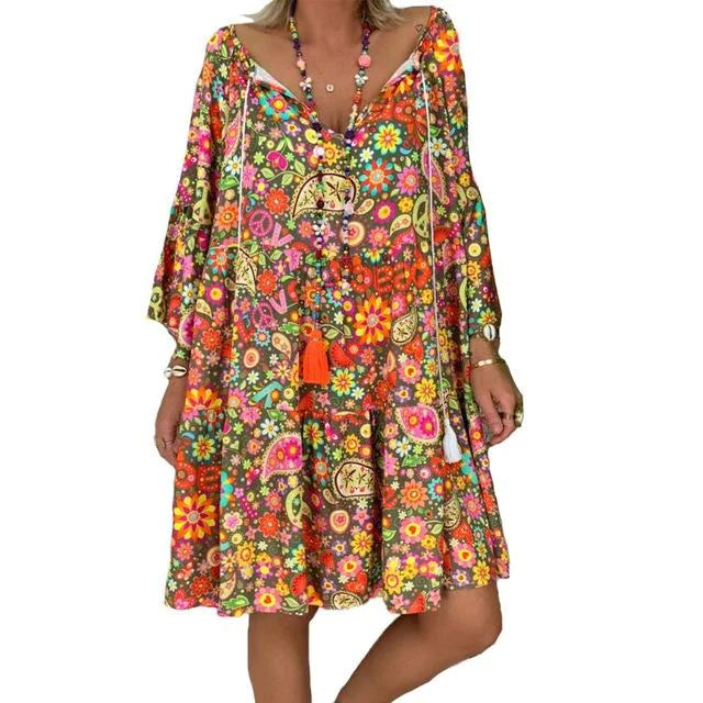 flowersverse Summer Women Boho Floral Long Sleeve Dress Holiday Beach Shirt Dress Ladies Print Mini Dress Plus Size
