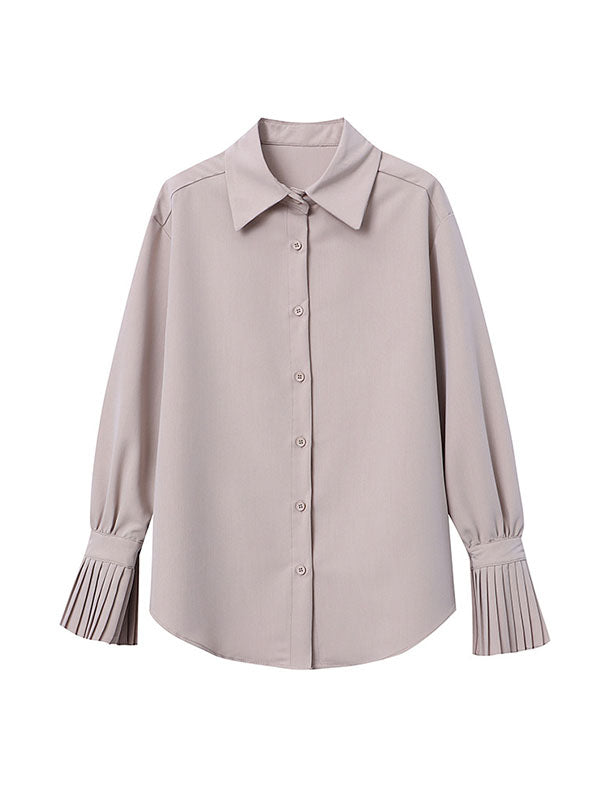 flowersverse Solid Color Flared Sleeves Lapel Blouses&Shirts Tops