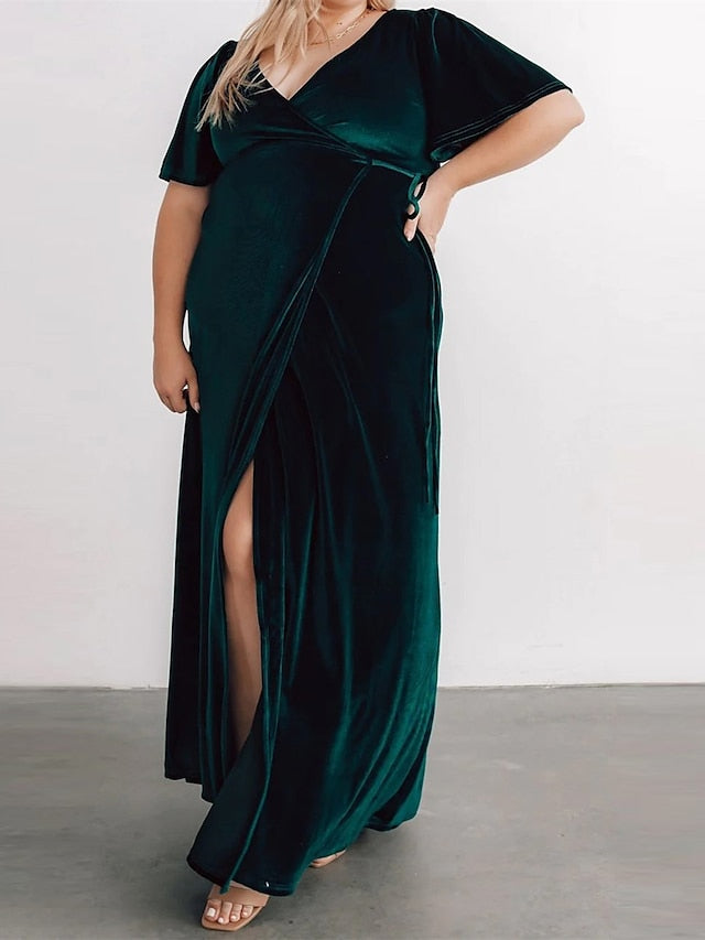 flowersverse Women‘s Plus Size Easter Dress Short Sleeve Lace up Velvet Dress Work Dress Wrap Dress Solid Color Long Dress Maxi Dress Split V Neck Fashion Outdoor Dark Green Spring Dress