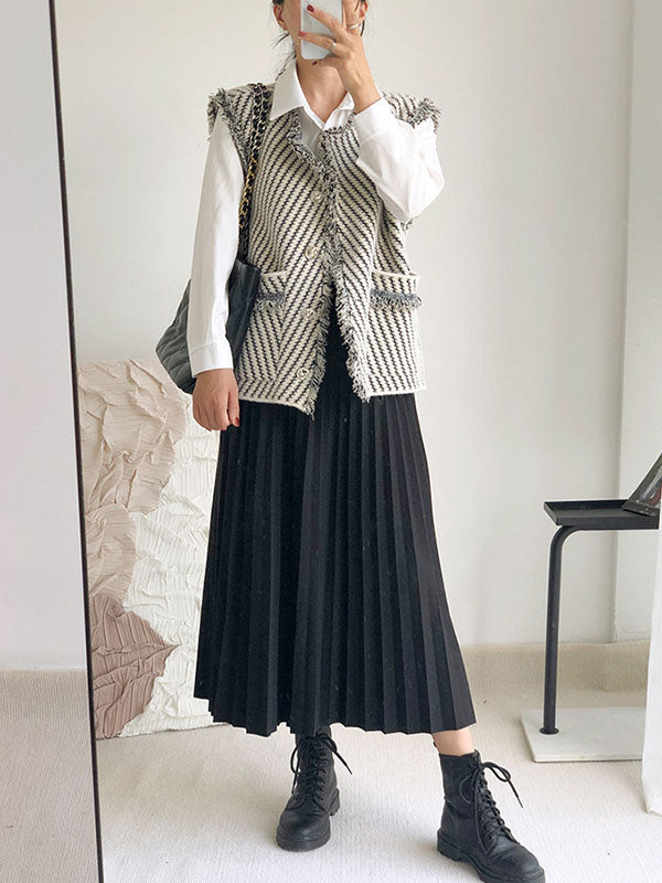 flowersverse Buttoned Fringed Pockets Striped Loose Sleeveless V-Neck Vest Outerwear