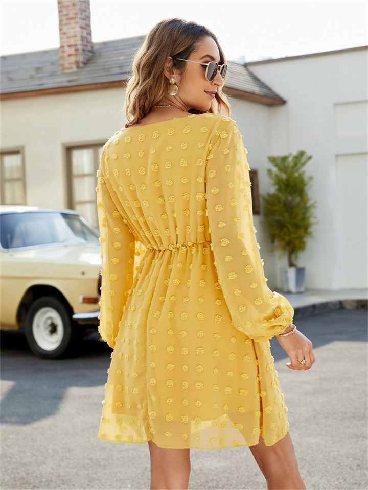 flowersverse Dot A-Line Skirt Ruffled V-Neck Casual Loose Short Dress