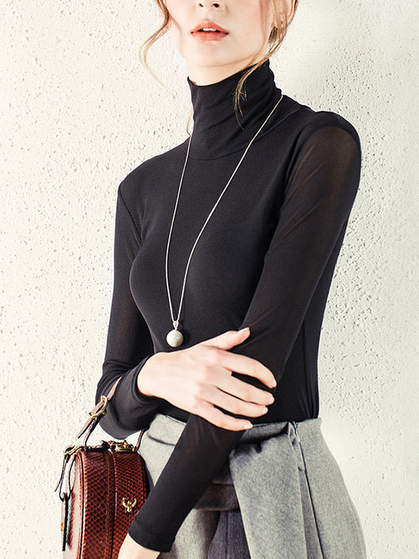 flowersverse 13 Colors High-Neck Solid Color Long Sleeves T-Shirt Top