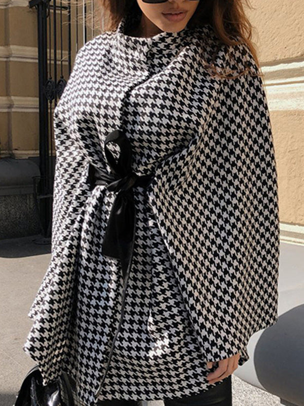 flowersverse Houndstooth Tied Waist Batwing Sleeves Long Sleeves Stand Collar Outerwear Cape