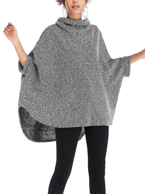 flowersverse Solid Color Batwing Sleeves High-Low High Neck Sweater Tops Pullovers Knitwear