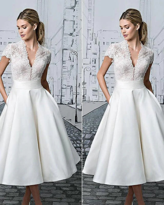 flowersverse Women's Swing Dress Midi Dress Short Sleeve Solid Color Lace Patchwork Spring Sexy White Dresses