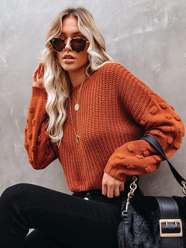 flowersverse Trendy Tops Puff Sleeves Loose Solid Color Round-Neck Sweater Tops