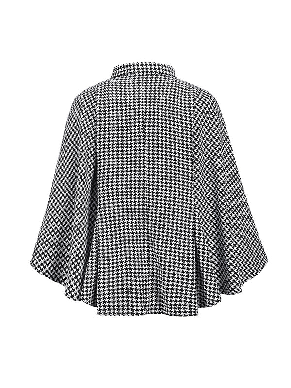 flowersverse Houndstooth Tied Waist Batwing Sleeves Long Sleeves Stand Collar Outerwear Cape