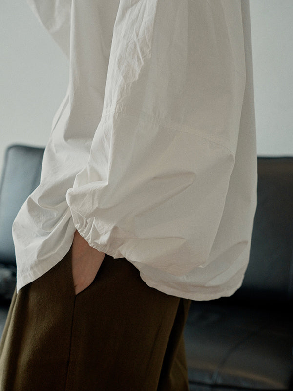 flowersverse Buttoned Elasticity Pleated Solid Color Bishop Sleeve Long Sleeves Round-Neck Blouses&Shirts Tops