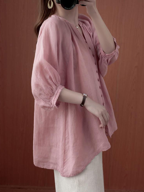 flowersverse Simple Casual Solid Buttoned Pleated Blouse