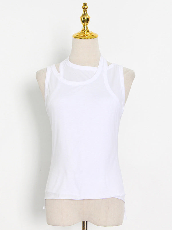 flowersverse False Two Solid Color Sleeveless Vest Tops